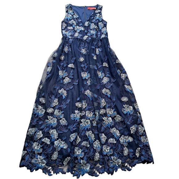 Carmen Marc Valvo Infusion Embroidered Floral Whimsygoth Party Dress Size 8 Navy - Picture 1 of 15